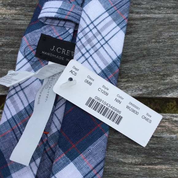 J Crew Mens Neck Tie Blue Plaid 100% Linen Slim Necktie NEW! - Picture 4 of 4